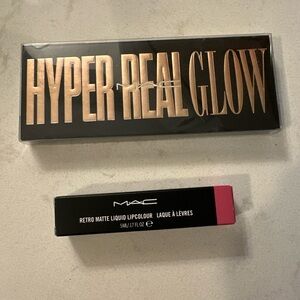 MAC Retro Matte Liquid Lip‎ Metallic Rose&hyper real glow flash+Awe  Highlighter